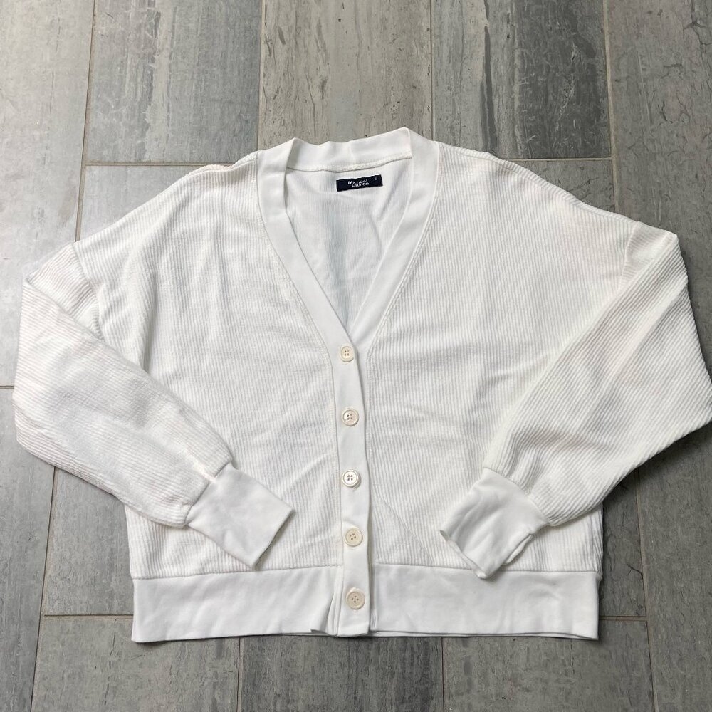 Michael Lauren V-Neck Cotton Relaxed Button Cardigan Thumbholes White Sz Small
